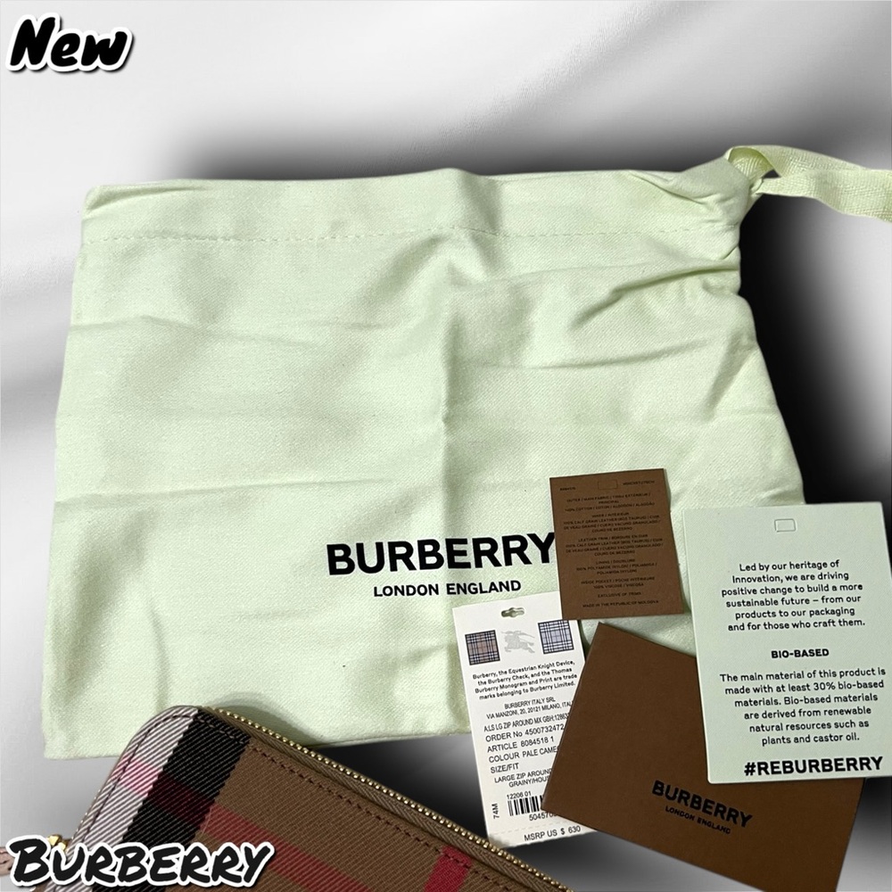 🔴New NWT Burberry Large Check Zip Around Leather Canvas Wallet Pale Cameo - Picture 3 of 8